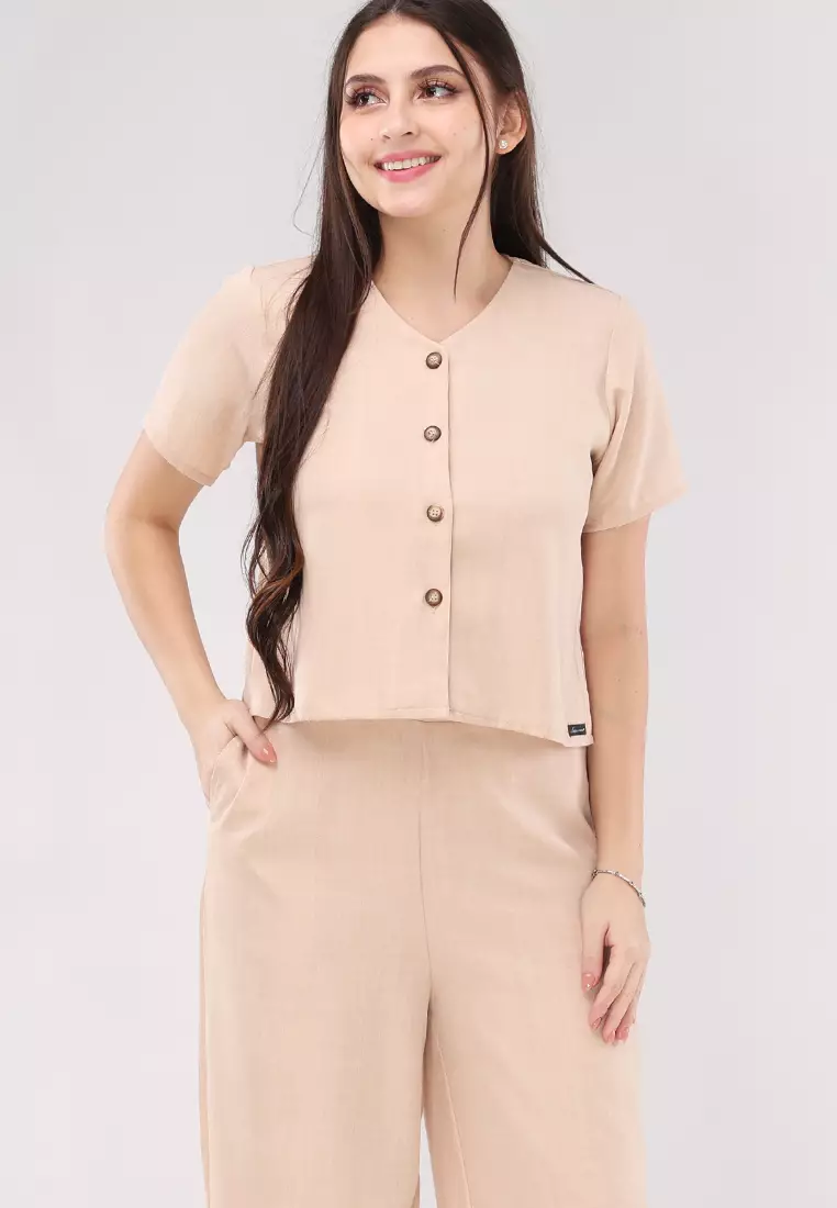 Wrinkled Linen Short Sleeves Terno Pants