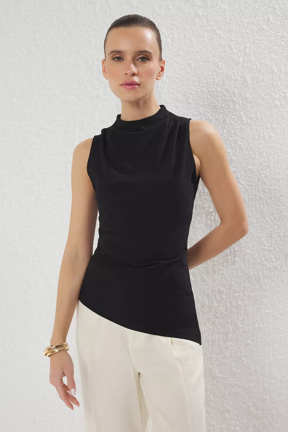 Asymmetrical Knitted Blouse Black Drawstring Detail Body Sitting