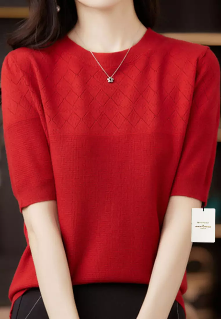 Rhombus Hollow Out Pattern Short Sleeve Knit Top JW QT-291