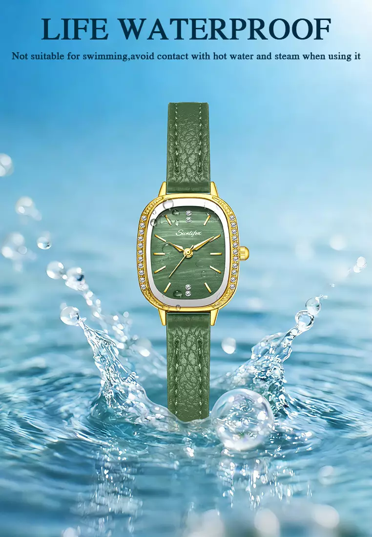 Jam Tangan Wanita Korea Elegan Berlian Vintage Dial Tali Kulit Anti Air Jam Tangan Cewek A002 green