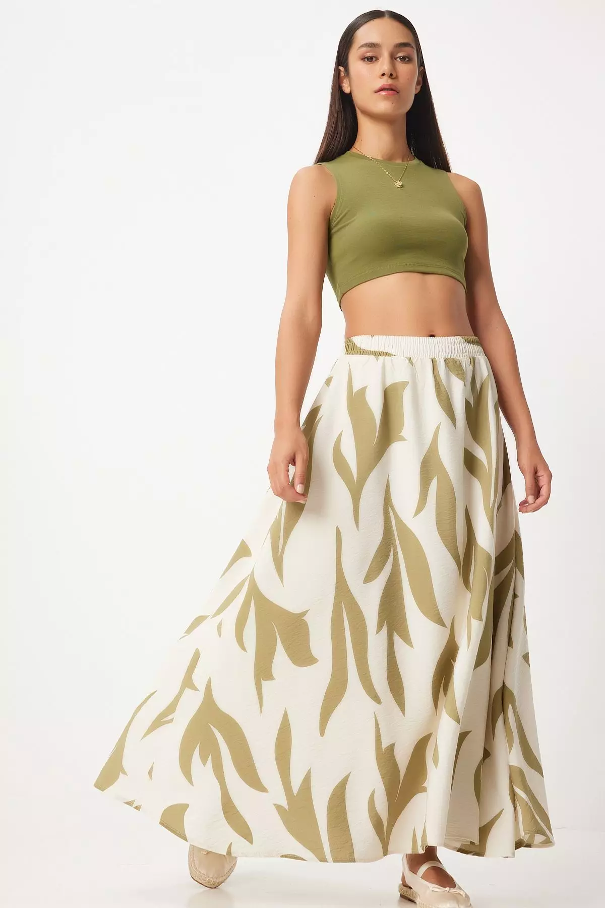 Beige Patterned Regular Basic Elastic Waist Skirt