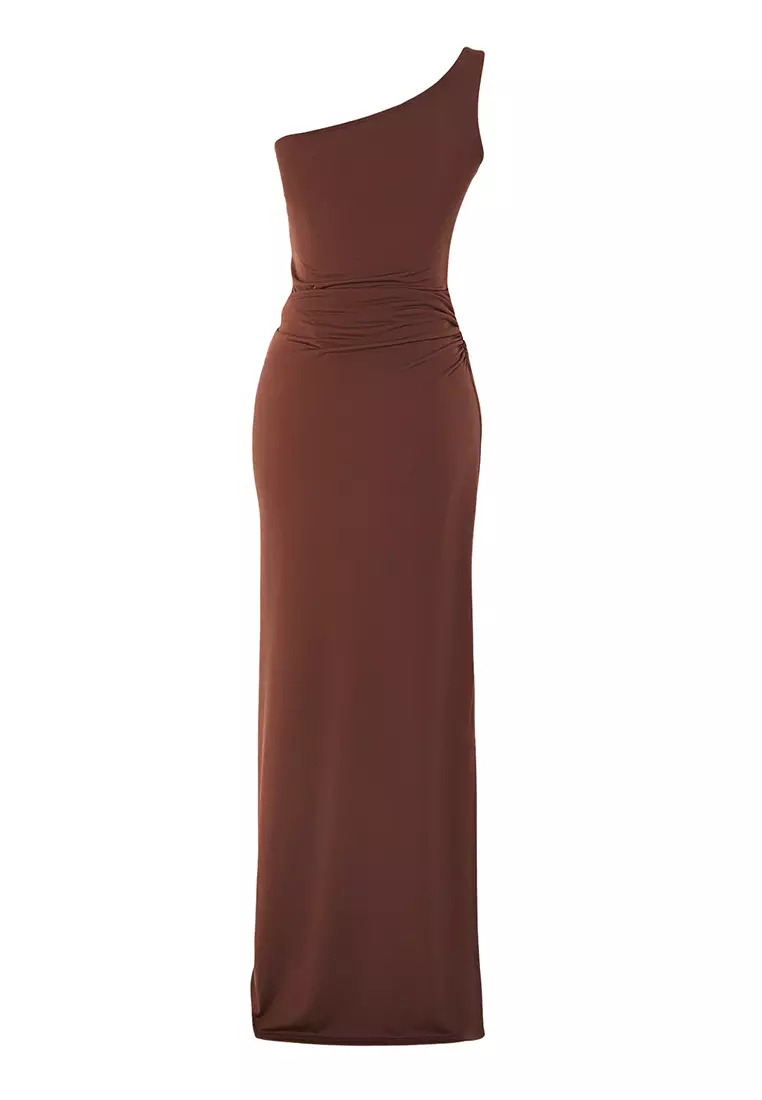 Brown Body-fitting Accessory Detailed Knitted Long Elegant Evening Night Graduation Dress TPRSS25AE00104