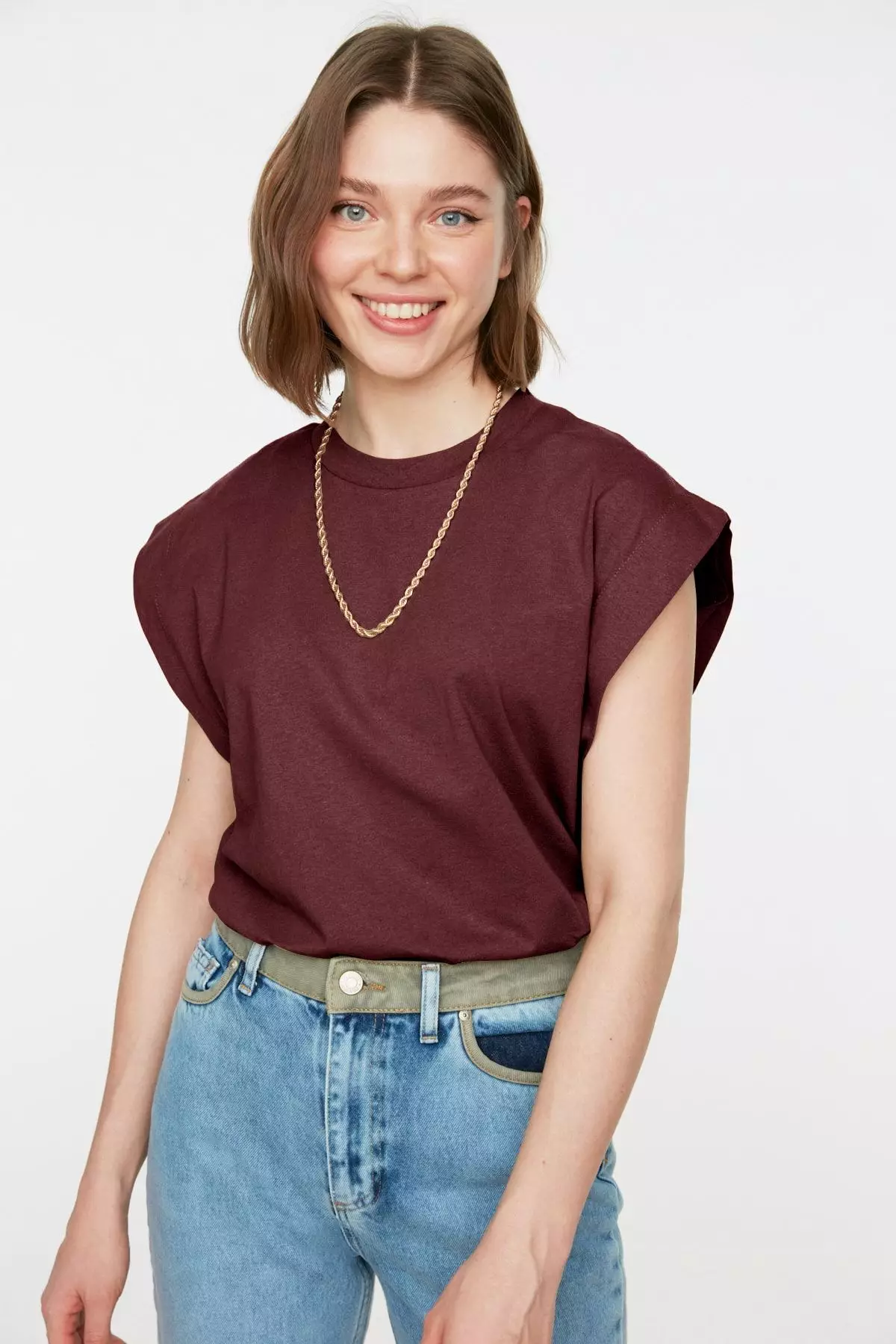 Claret Red 100% Cotton Padded Look Basic Crew Neck Knitted T-Shirt TWOSS20TS0021