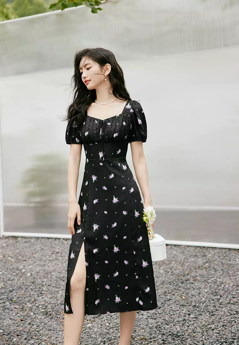 Puff Sleeve Square Neck A-Line Floral Midi Dress