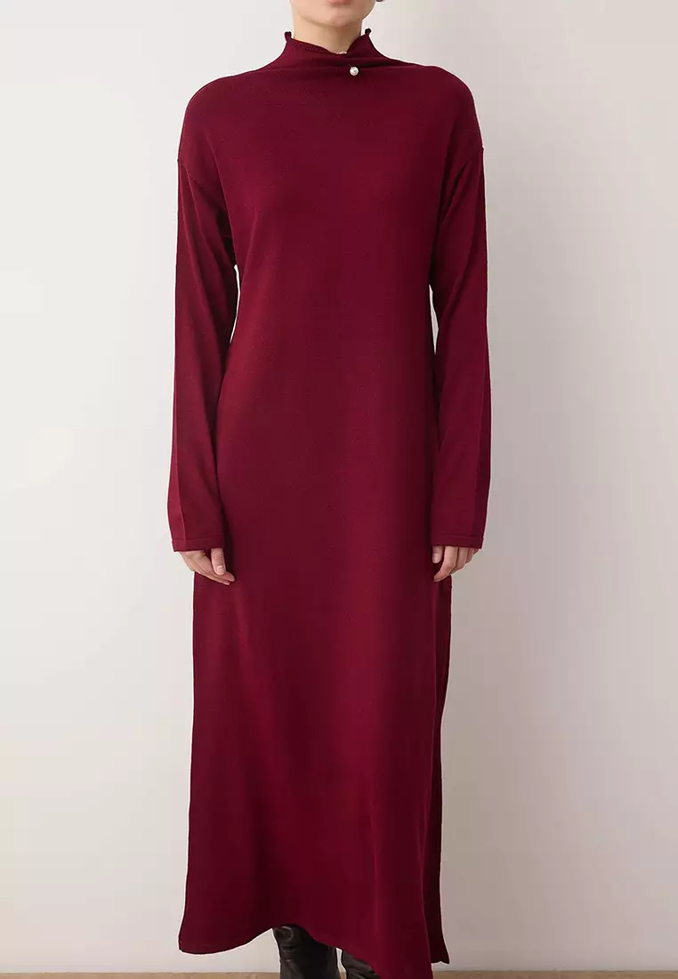 Burgundy Pearl Accessory Detailed Knitwear Dress Tctaw26Eb00061
