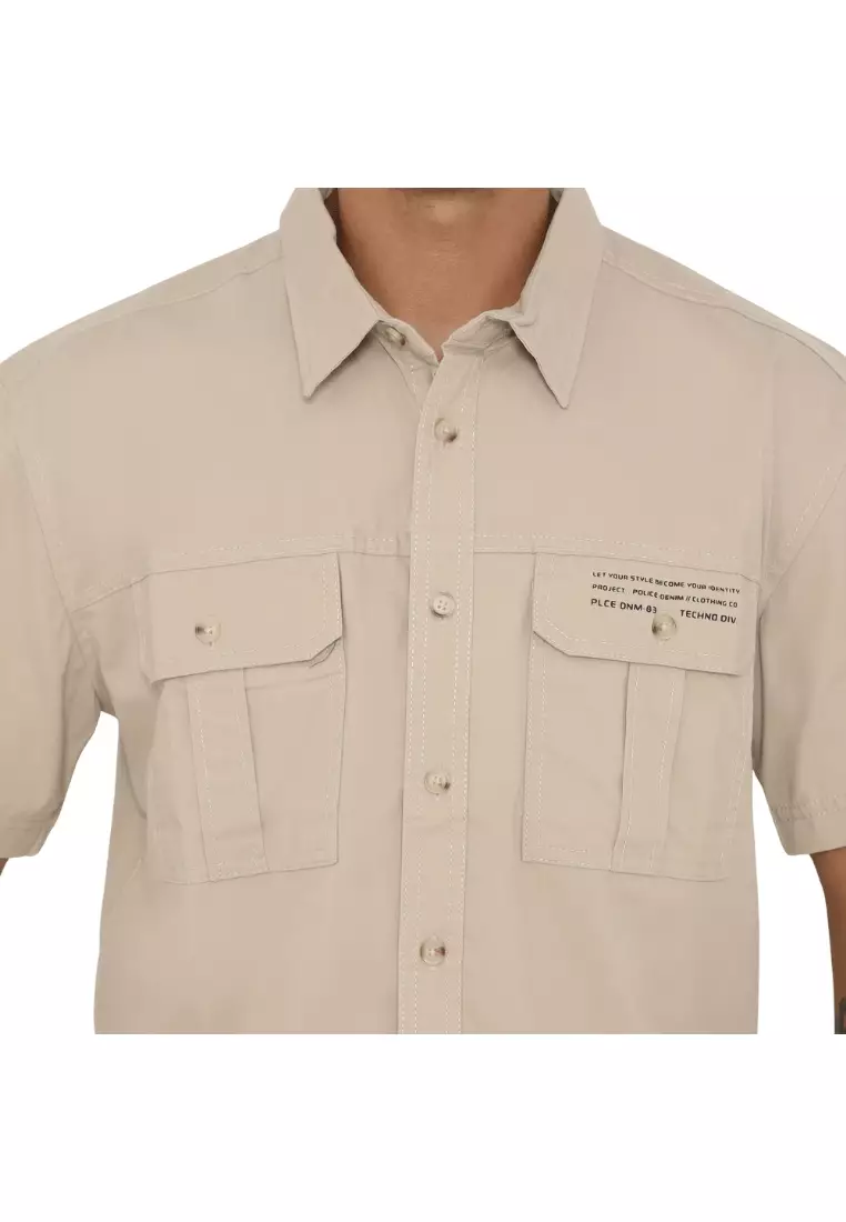 POLICE Kemeja Polos Cotton Kantong Dua Regular Fit Pria