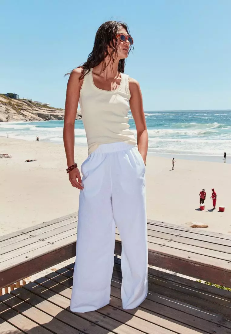 Linen Blend Wide Leg Trousers
