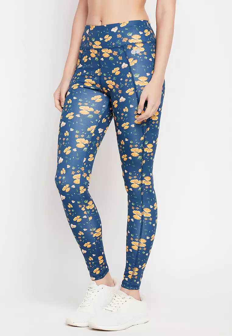 Clovia High-Rise Floral Print Active Tights in Navy with Side Pocket