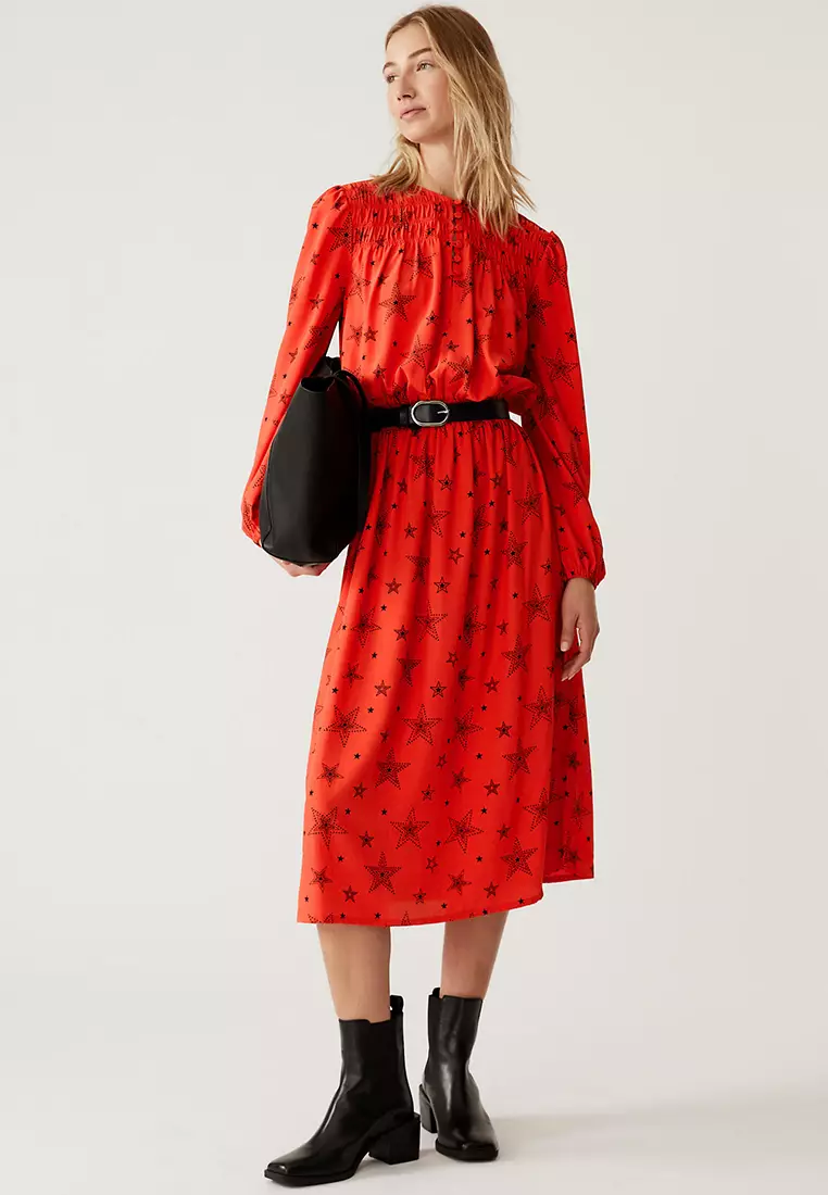 Star Print Midi Waisted Dress