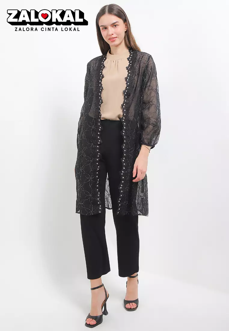 L/S Metallic Flo Emb Outer W/ Flo Lace Trim