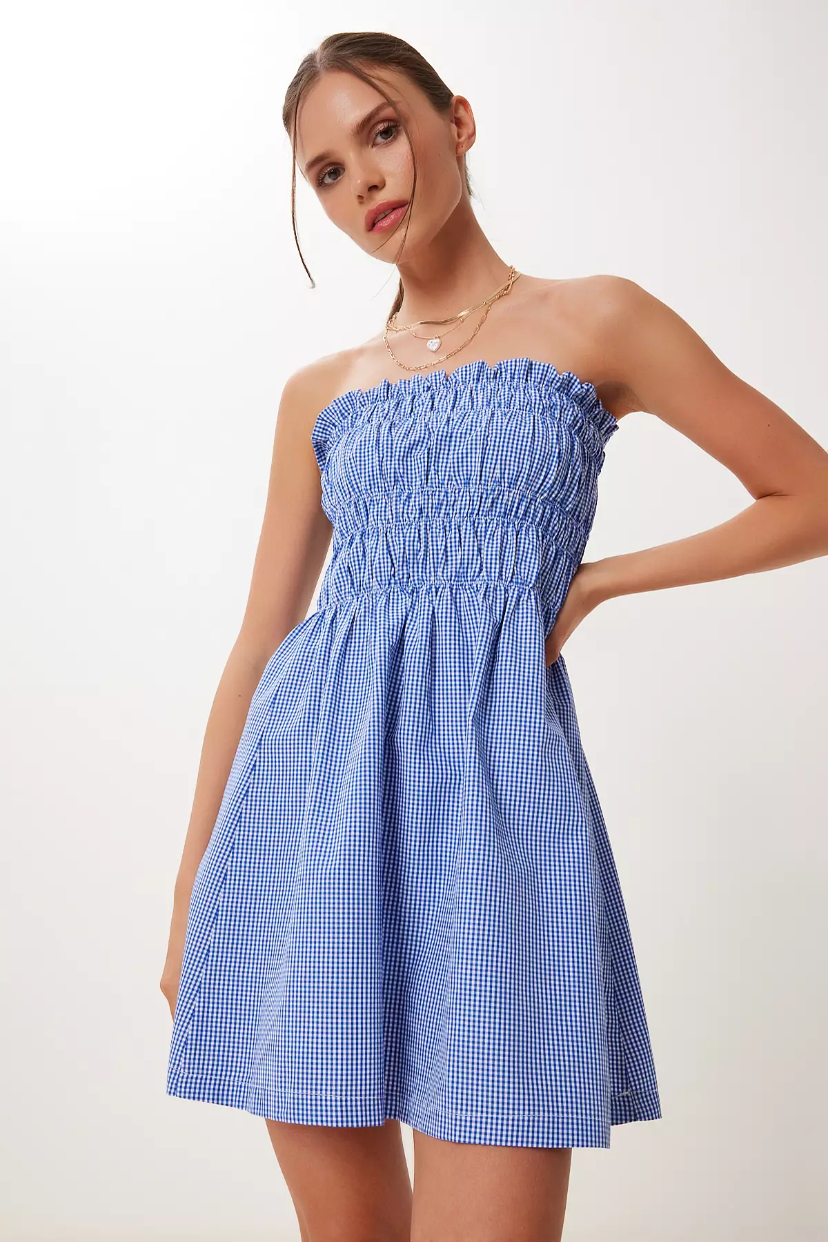 Women Dark Blue Checkered Strapless Mini Woven Dress Fk00043