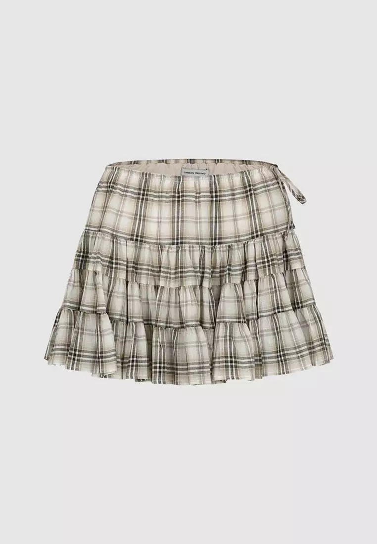 Drawstring Tie Side Plaid Layered Ruffle Cotton Mini Skirt