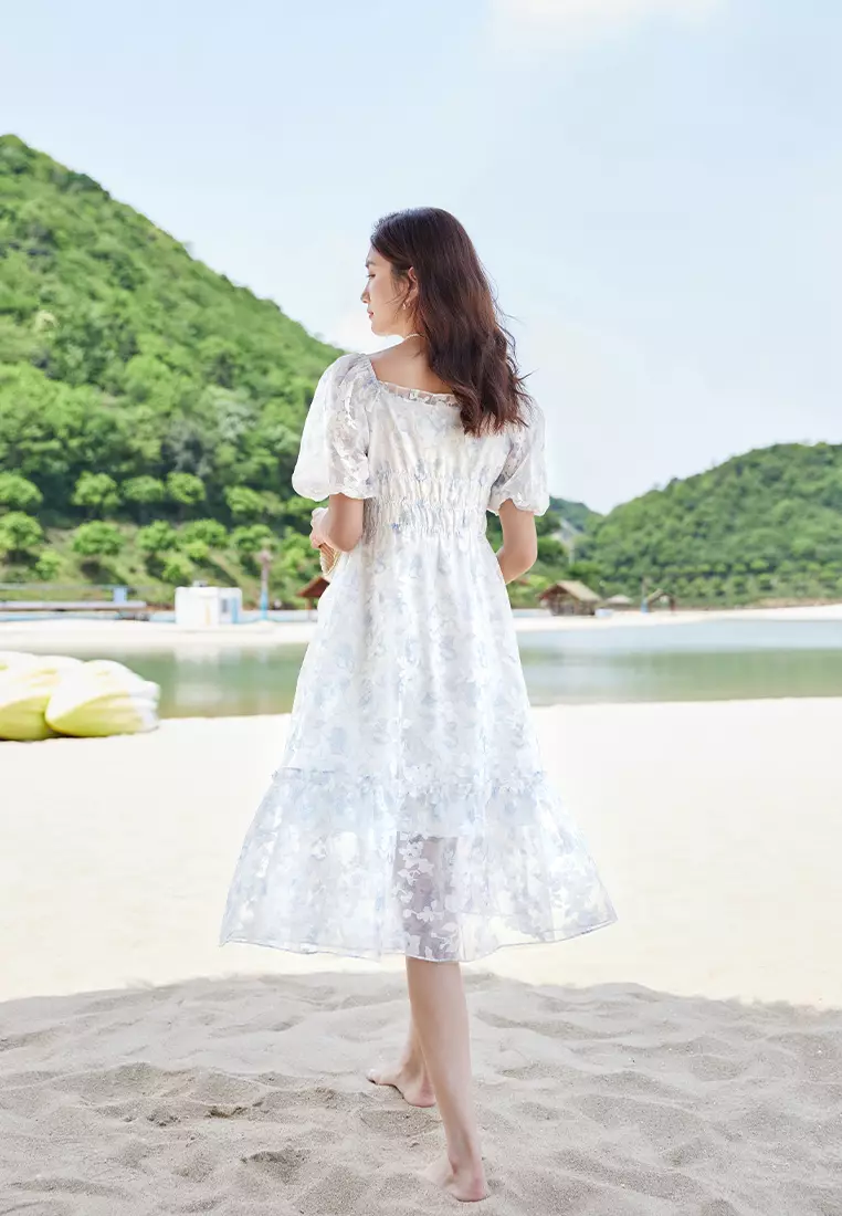 Puff Sleeve Square Neck Floral Shirred Midi A-Line Dress
