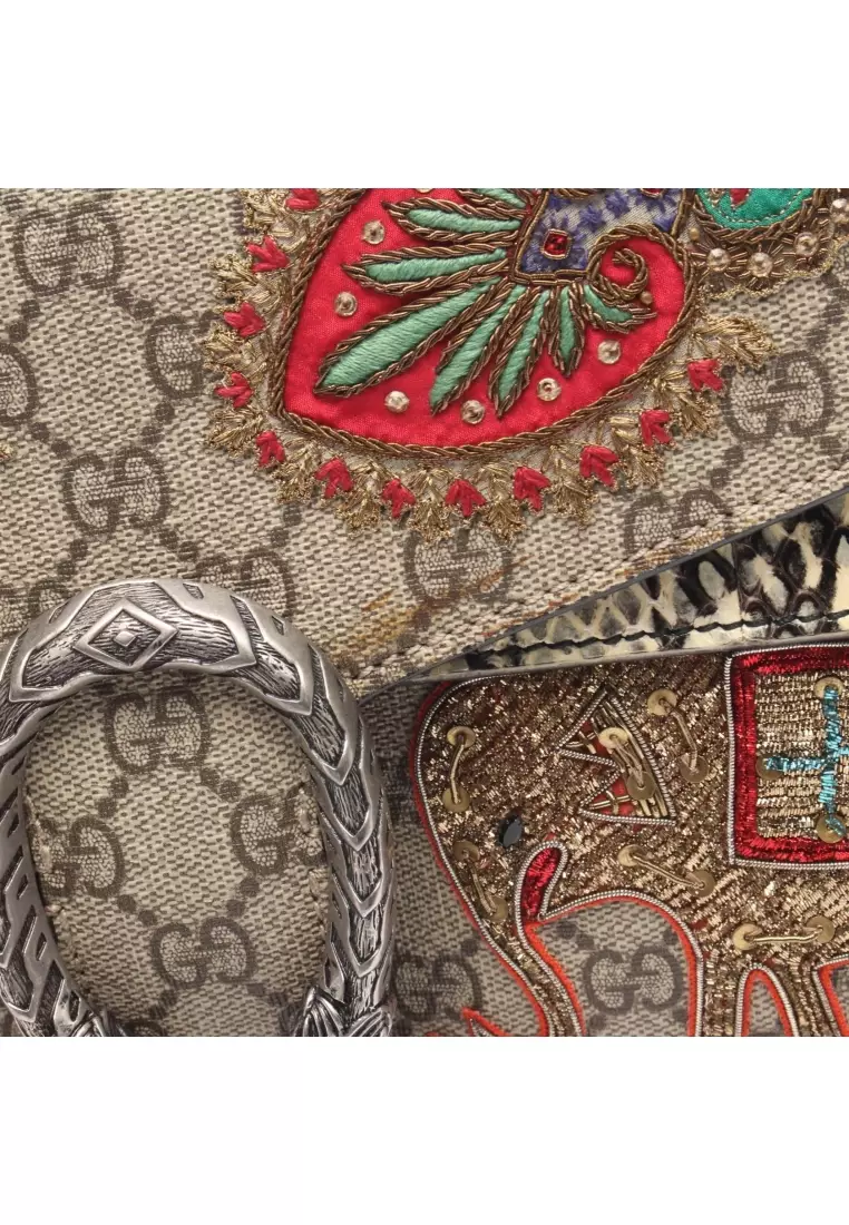 Pre-Loved Gucci Dionysus GG Supreme chain shoulder bag embroidery PVC Python Snake Skin beige multicolor