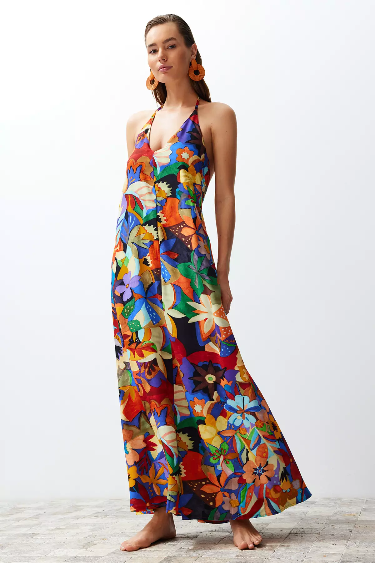 Jual Trendyol Floral Patterned Maxi Woven Backless Beach Dress