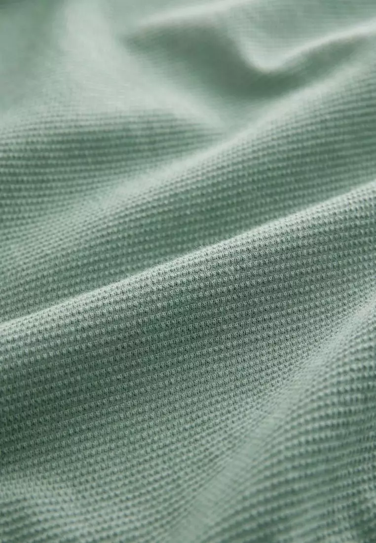 Textured Waffle Button Through 100% Cotton Polo Shirt