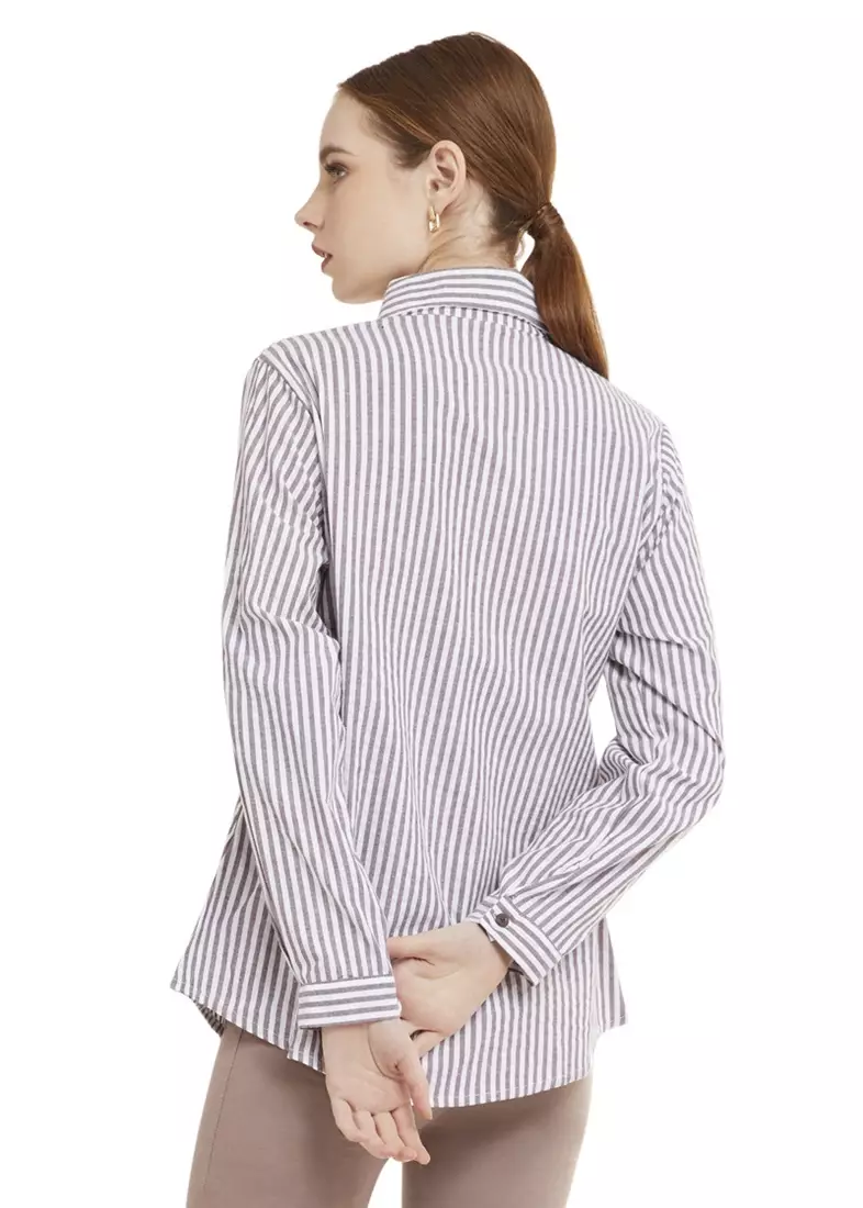 Kemeja Salur Basic Lengan Panjang Garis Shirt Wanita - Coklat
