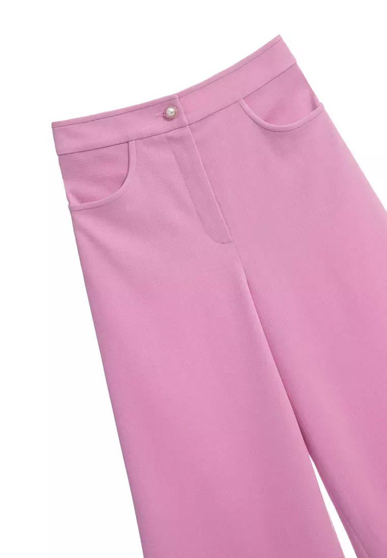 Pink Wide Leg Pants With Floral Embroidery Detail