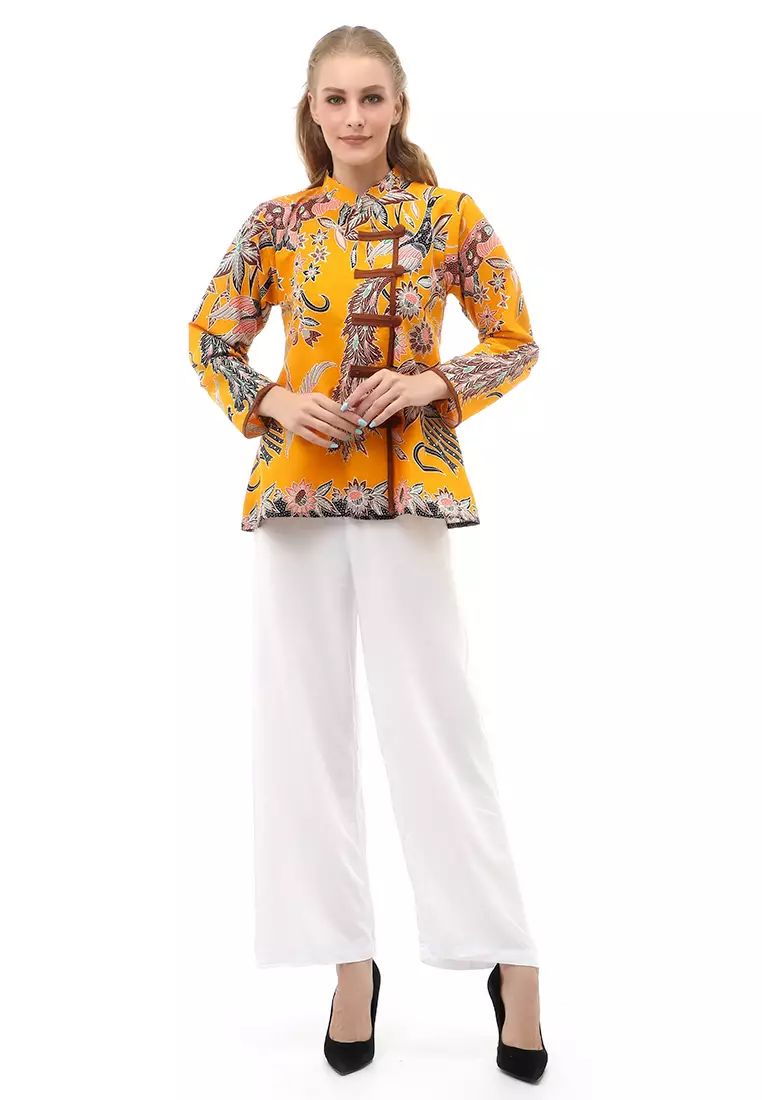 Lynelle Atasan Formal Wanita Blouse Batik Long Sleeve Model Kancing Material Cotton ORIGINAL - Yellow