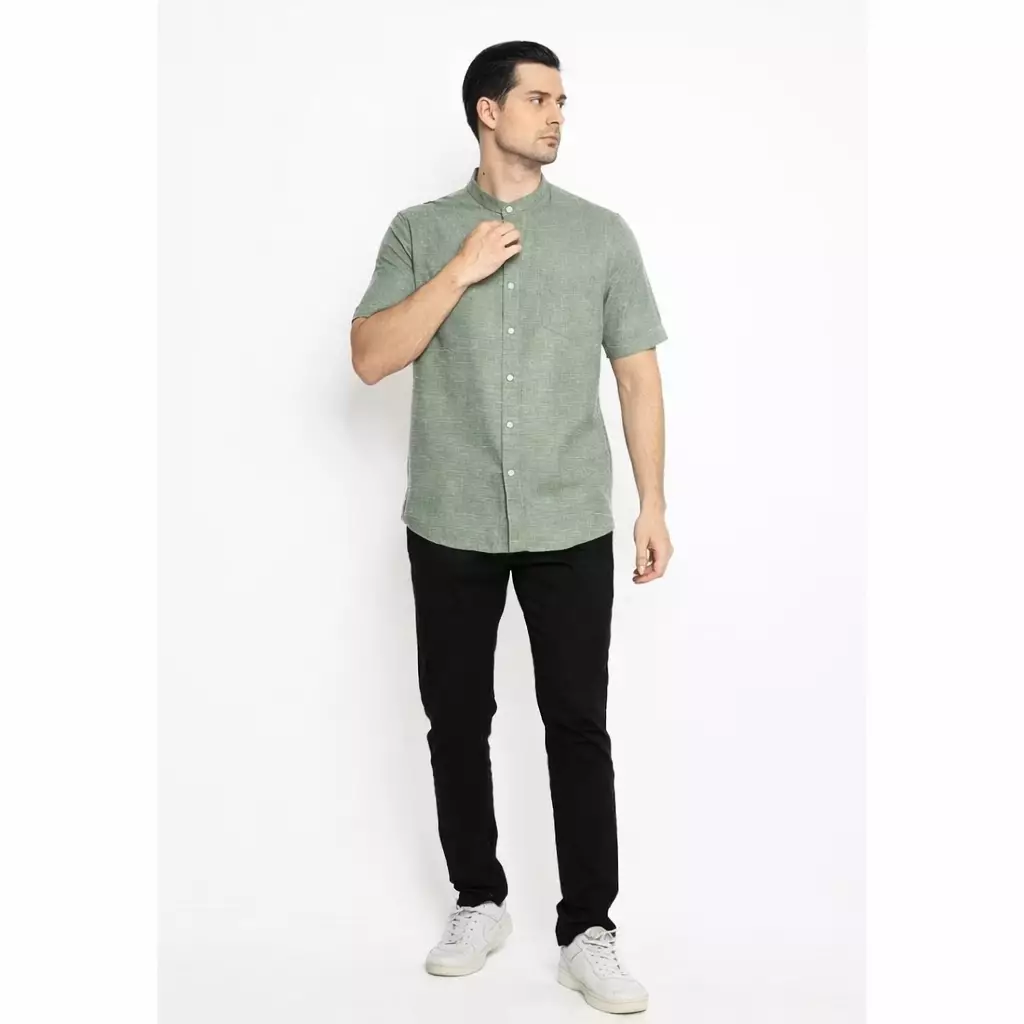 MAGINOT Kemeja Pria KOKO Basic Polos Lengan Pendek GREEN WHITE2
