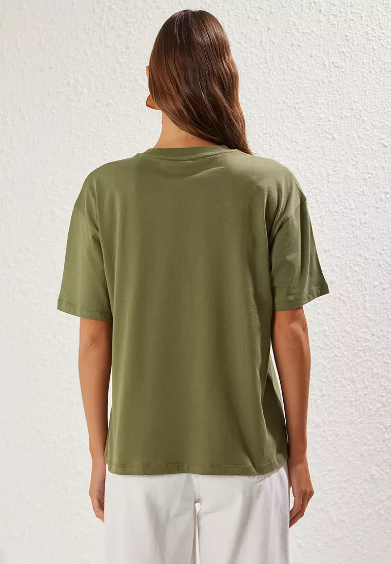 Khaki Accessory Detailed Oversize/Wide Pattern Knitted T-Shirt