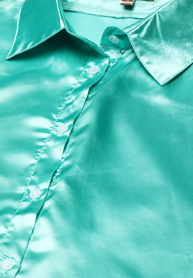Aqua Long Sleeve Satin Shirt Blouse