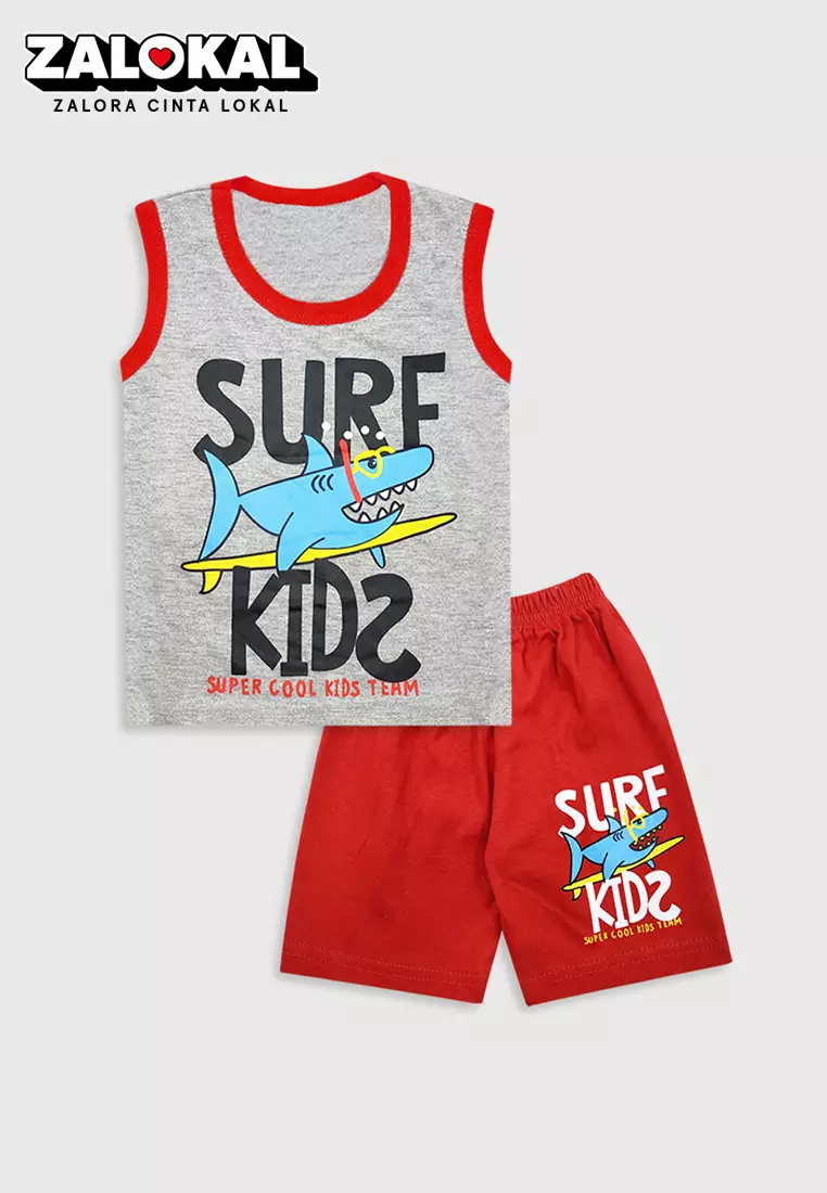 Wakakids Baju Singlet Bayi Anak Laki Laki Usia 6 Bulan Hingga 12 Bulan Setelan Celana Kaos Motif Surf Kids Shark 3317 Merah