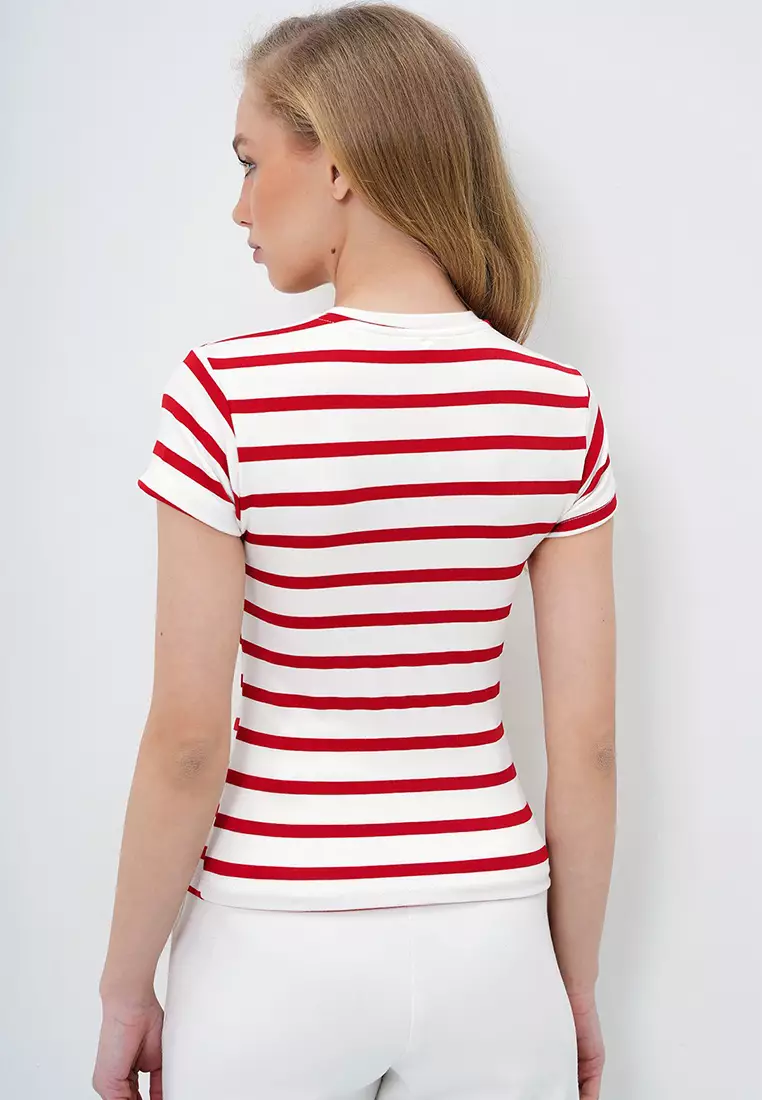 Women's Red Crew Neck Half Sleeve Striped Crop Blouse Alc-X13348