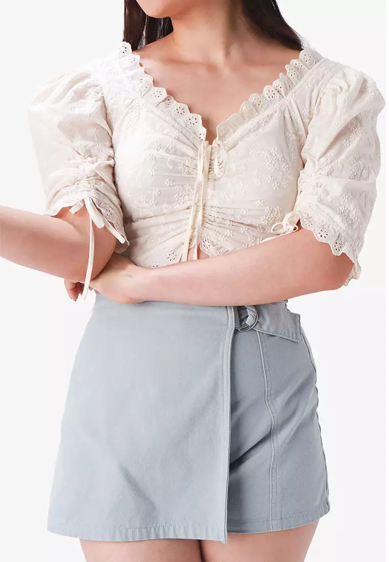 Eyelet Ruched Top with Lace Trims