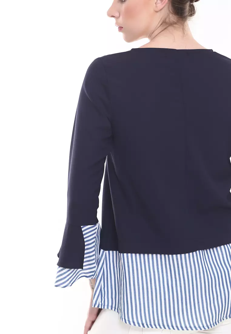 Zalia Top Plain Stripe Cotton Top in Dark Blue