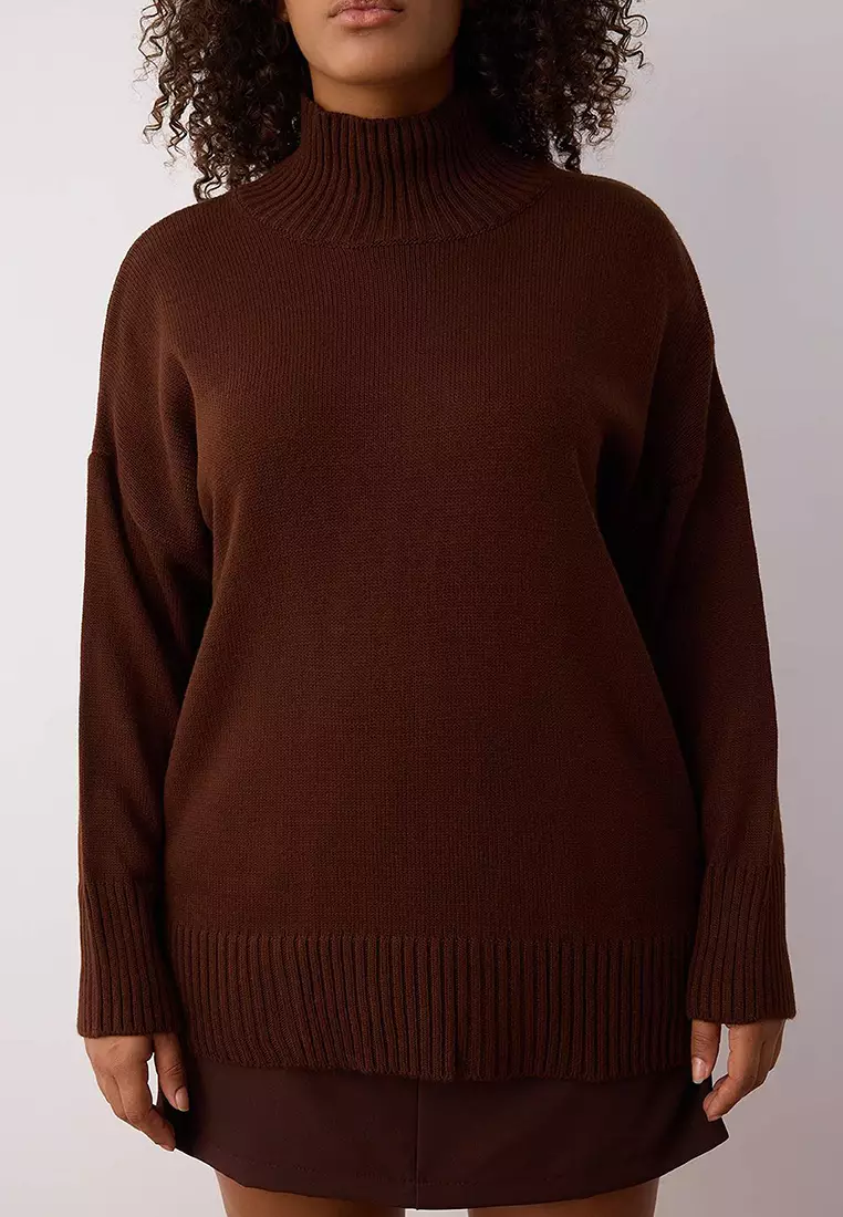 Brown Turtleneck Off-Shoulder Knitwear Sweater