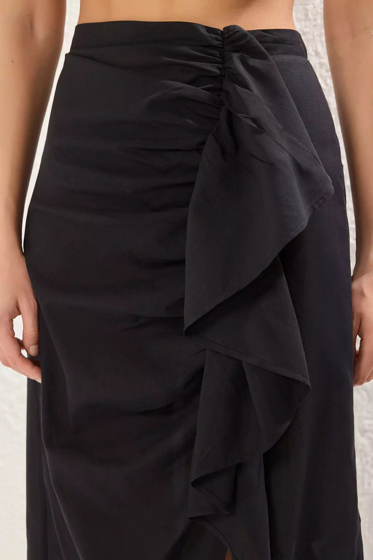 Black Midi Woven Ruffle 100% Cotton Beach Skirt Tbess25Et00010