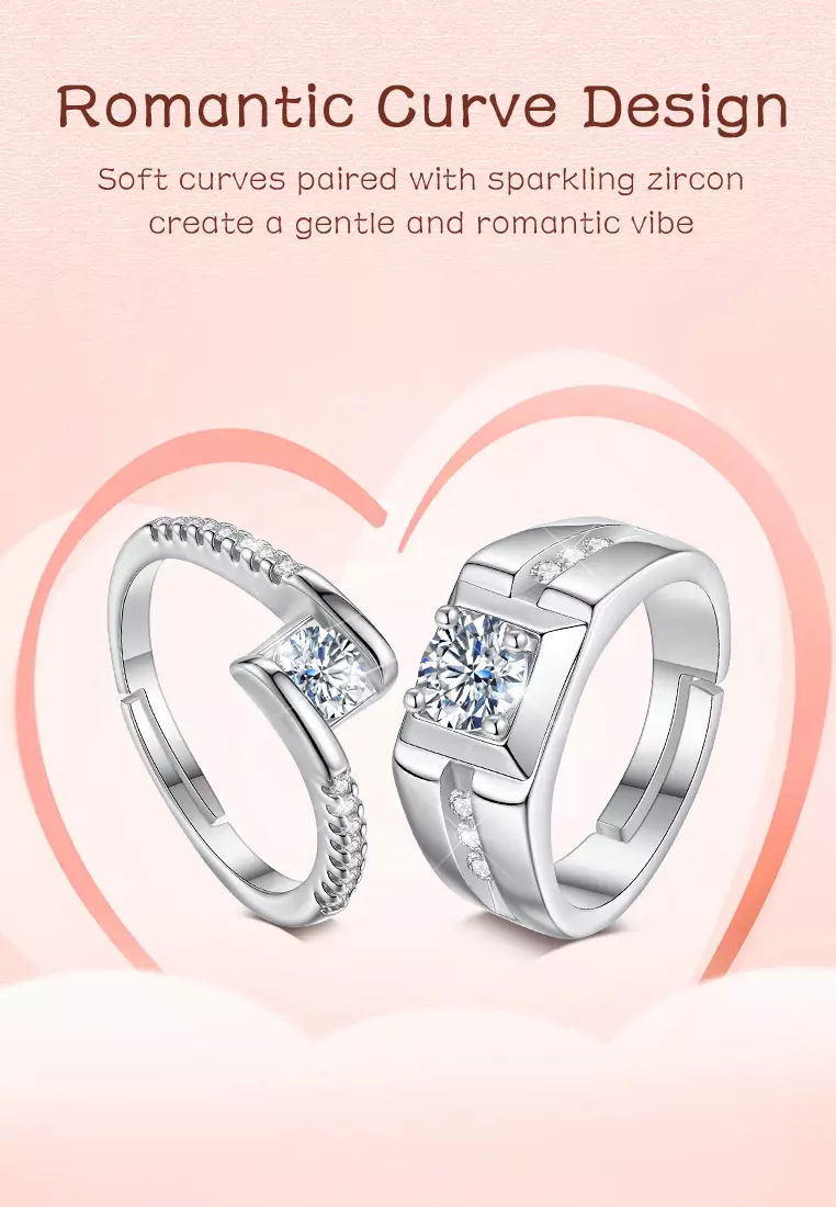 Cincin Couple Perak Kawin Couple Nikah Hadiah Pernikahan Adjustable Tunangan Cincin Titanium Berlian Kotak Hadiah