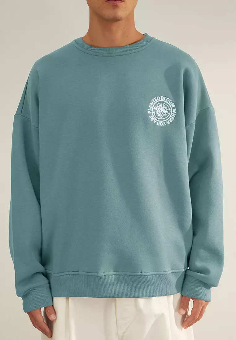 Mint Oversize/Wide Cut Floral Embroidered Fleece Lined Cotton Sweatshirt Tmnaw24Sw00012