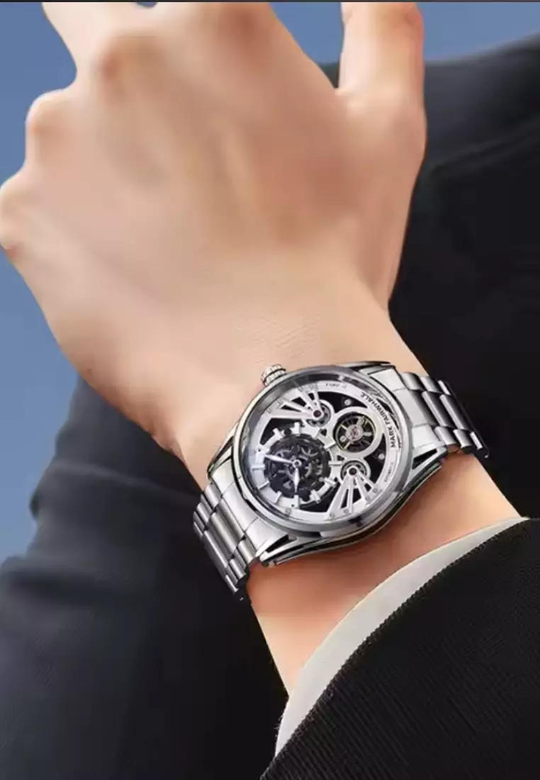 男女通用自動手錶，44 毫米輕質金屬合金錶殼，不鏽鋼錶帶