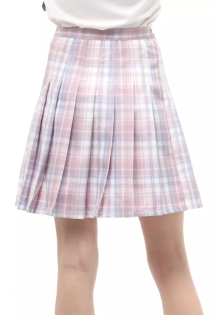 Rok Midi Wanita Motif Tartan Rubbery Waist Design Simple - Peach