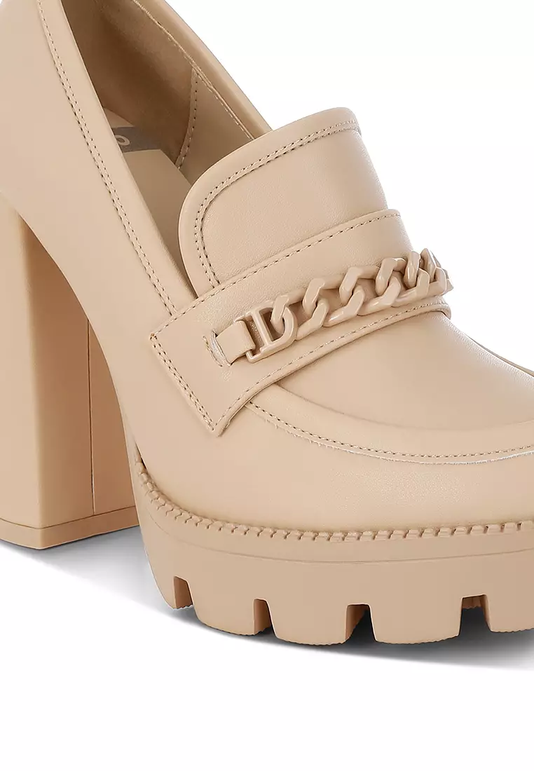 Chunky Chain Link Heeled Loafers in Beige