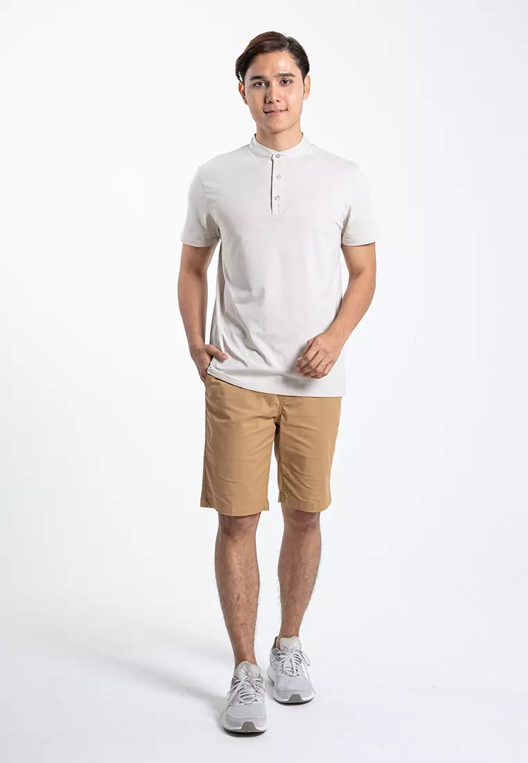 Forest Premium Weight Cotton Stretchable Mandarin Collar T Shirt Men Slim Fit Tee | 23856-16LtKhaki
