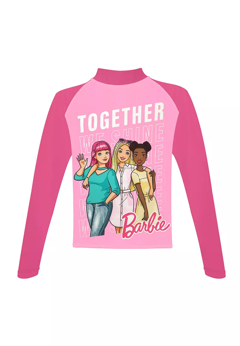 Barbie Long Sleeved Rashguard Boyleg Bottom Set With Sublimation Swimwear For Kids Girls
