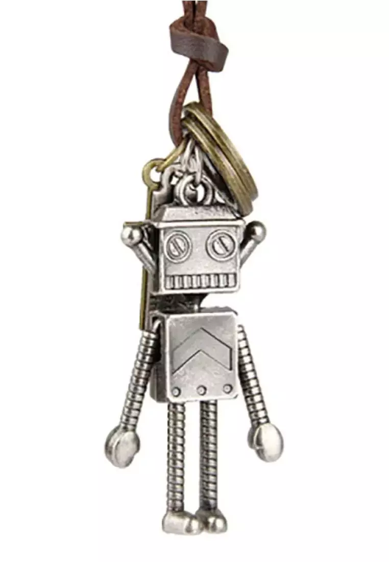 Aksesoris Kalung Kulit Pria Movable Robot  Leather Necklace Brown & Silver