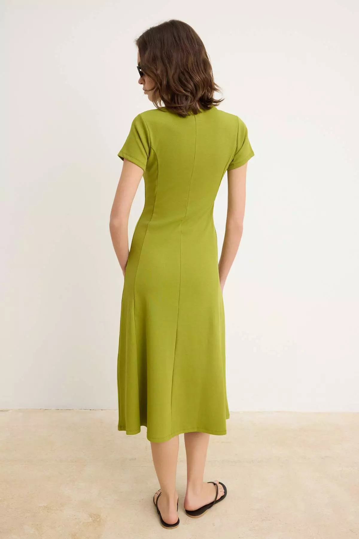 Oil Green A-Line/A Bell Form V-Neck Moon Sleeve Short Sleeve Midi Ribbed Stretchy Knitted Dress Twoss26El784