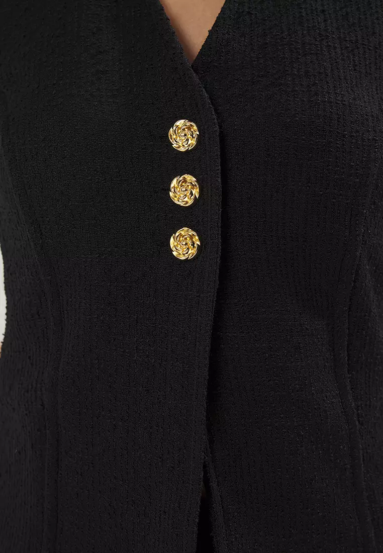 Black Slim Tweed Fabric Floral Button Accessory Crop Knit Vest TWOSS25YE00081