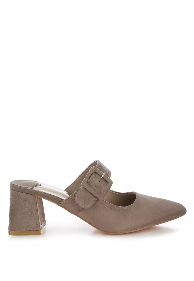 Discount on London Rag  shoes - SKU: Buckle Strap Detail Microfiber Mules in Taupe