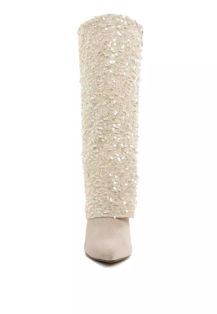 米色亮片折疊小牛皮靴