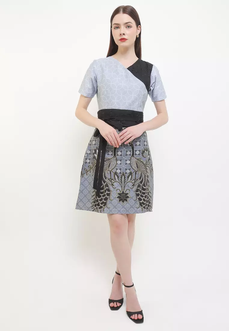Dress Batik Wanita Furing Kombinasi Obi Aswangga Grey Lengan Pendek