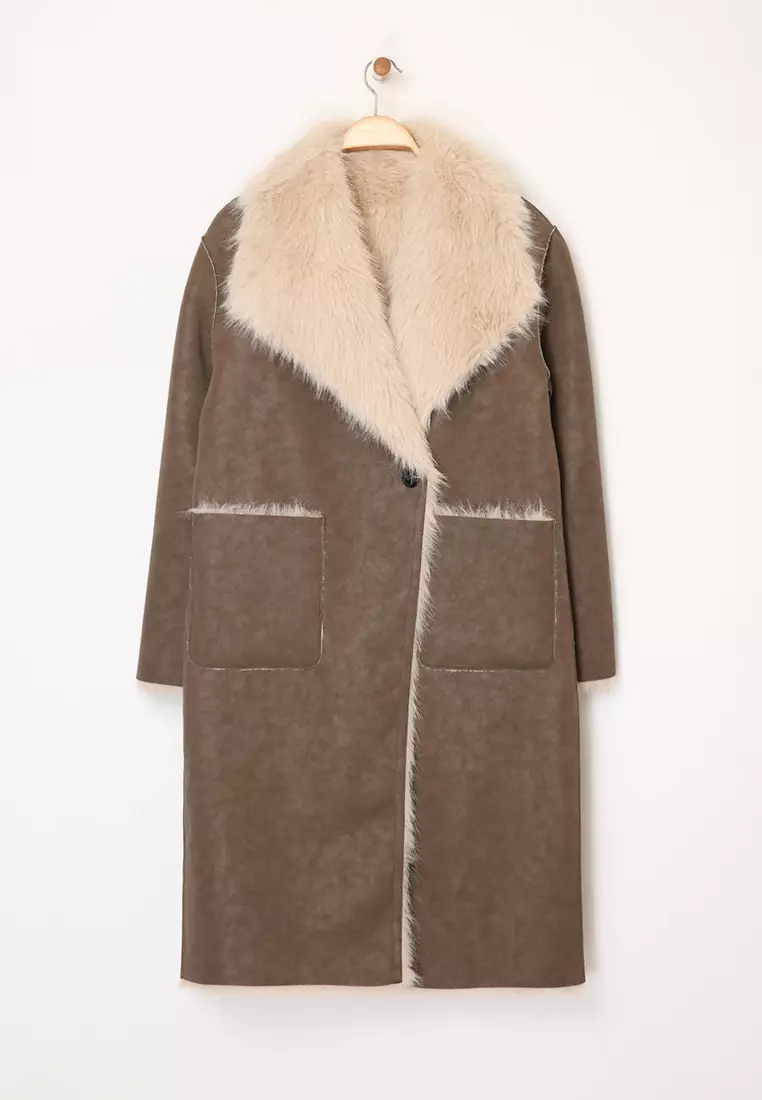 Mink-Ecru Double-Sided Fur Mono Closure Oversize Long Suede Coat