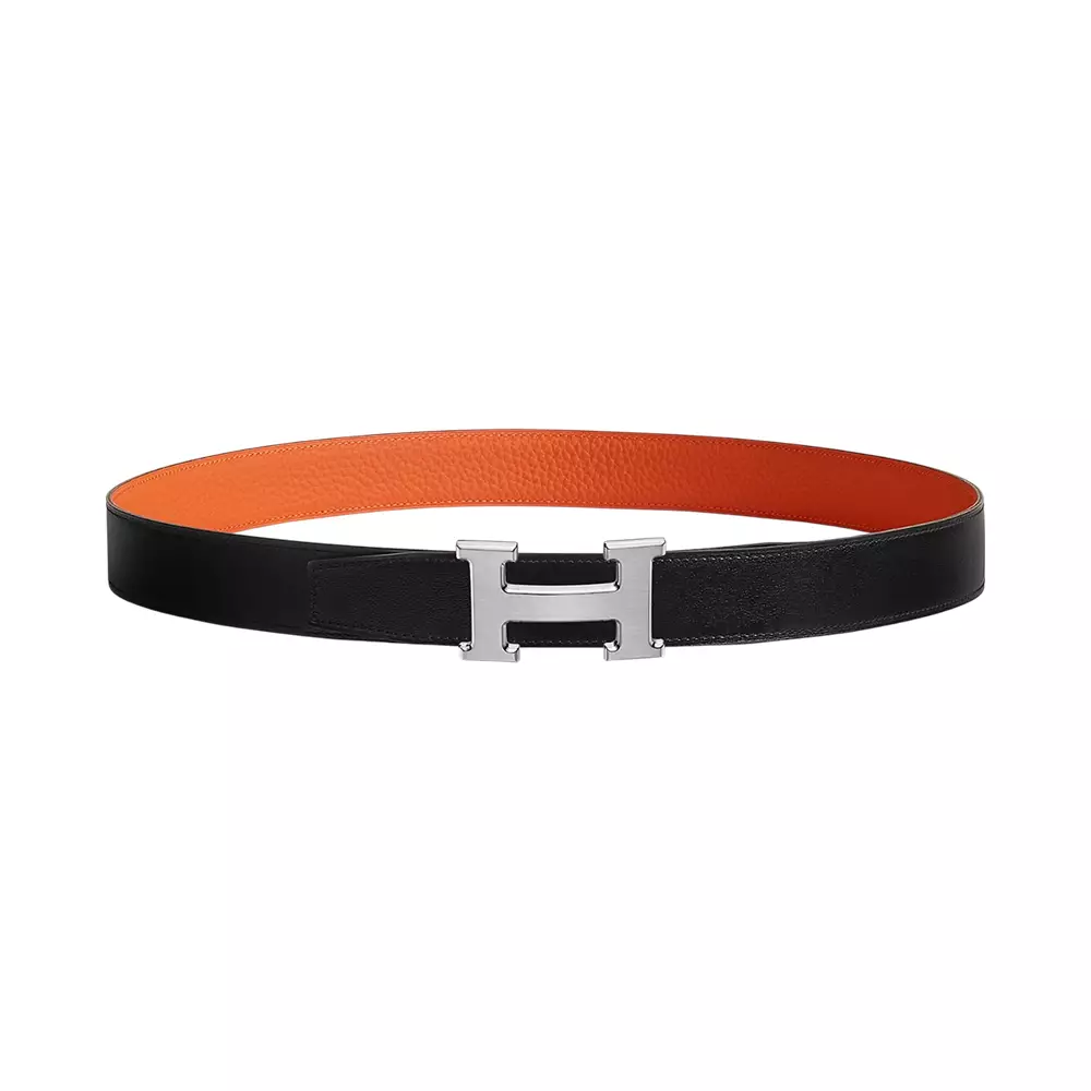 H Gris Moyen Buckle & Reversible Belt 32mm Veau Togo Noir/Orange