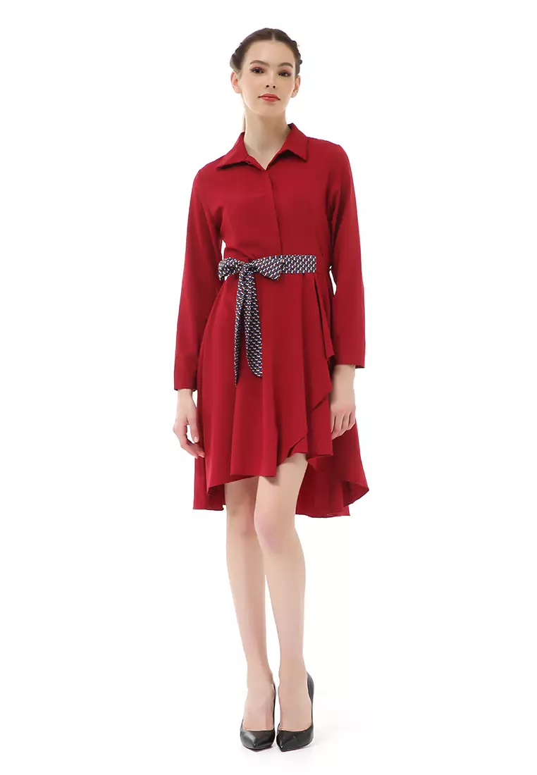 Rachel Dress Kemeja Wanita Lengan Panjang Pita Samping Material Twiscone ORIGINAL - Red