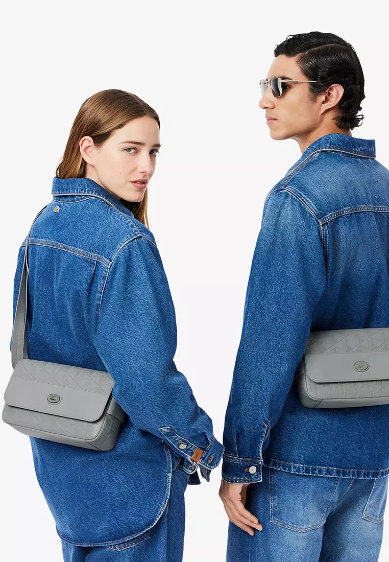 【LACOSTE】NOMOGRAMME Flap Messenger Bag_NU4838M (GREY BLUE) Unisex Monogram Leather Flap Close Satchel - Bags - New In