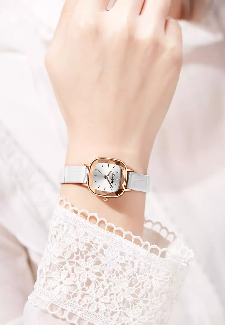 Jam Tangan Wanita 8003 Kuarsa Santai Anggun Jam Wanita Kecil Tali Kulit Jam Tangan Cewek white